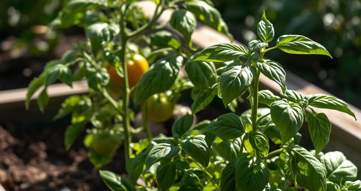 Vegetable garden with diverse plantings including flowering herbs, marigolds, and mixed vegetables growing together