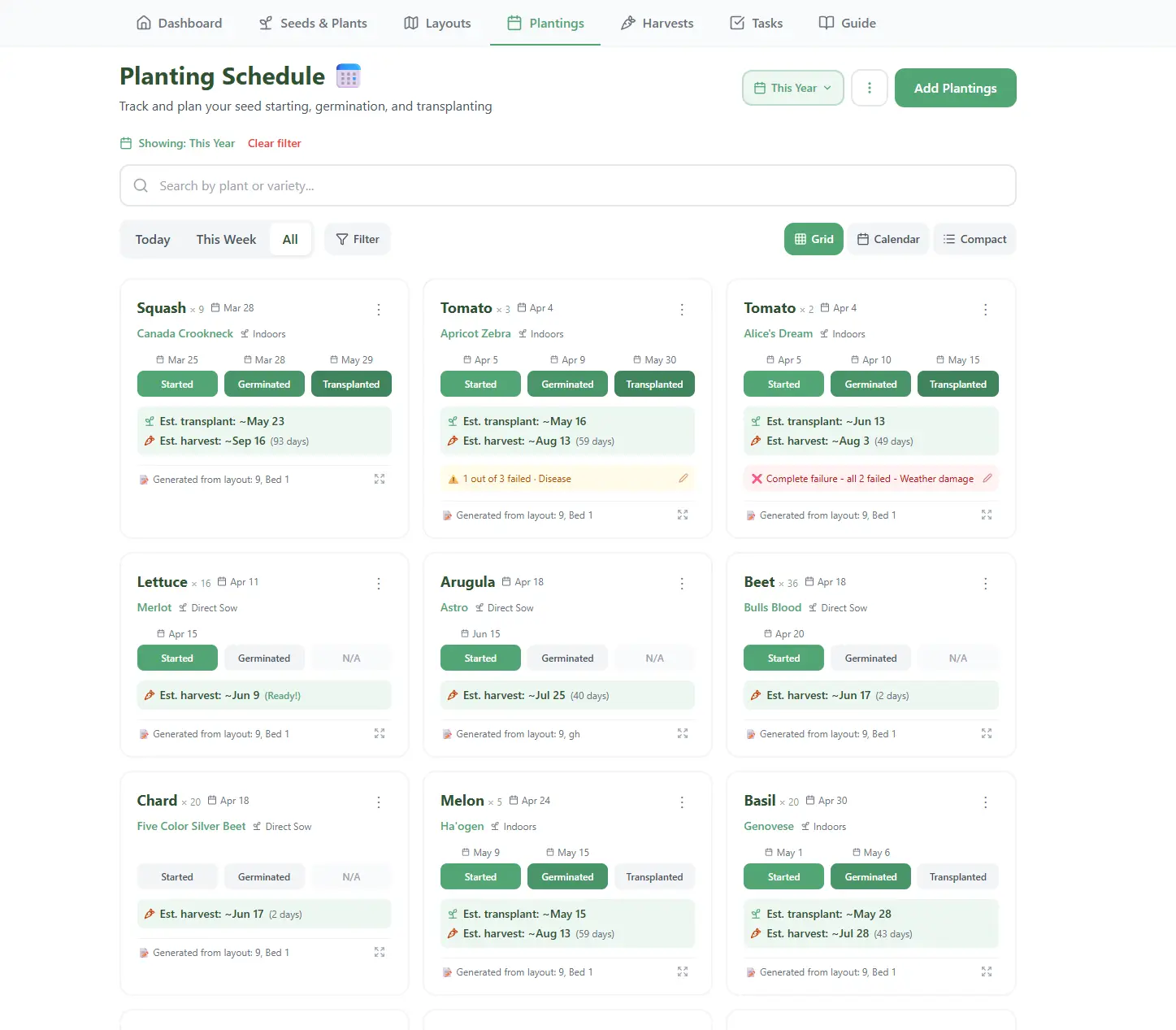 Planting schedule grid view