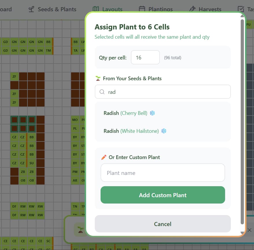 Bed view with cells selected and plant assignment dialog open
