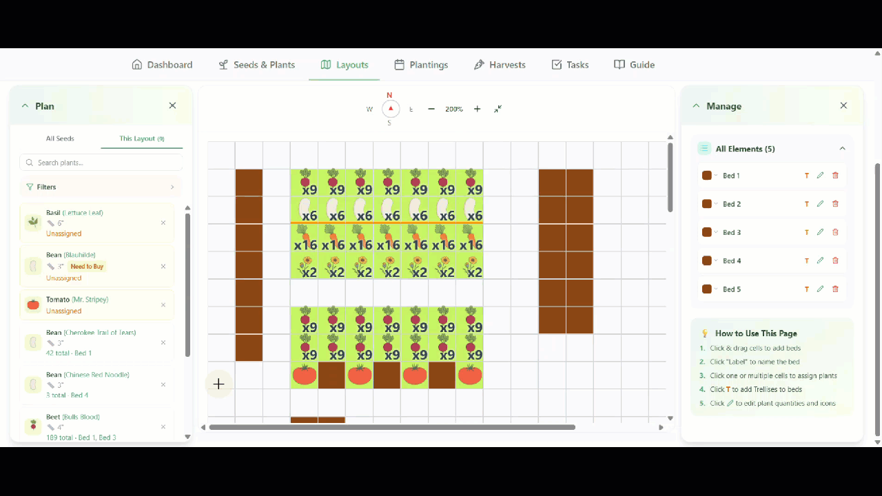 Selecting cells across multiple beds and assigning a plant, showing plant icons in cells