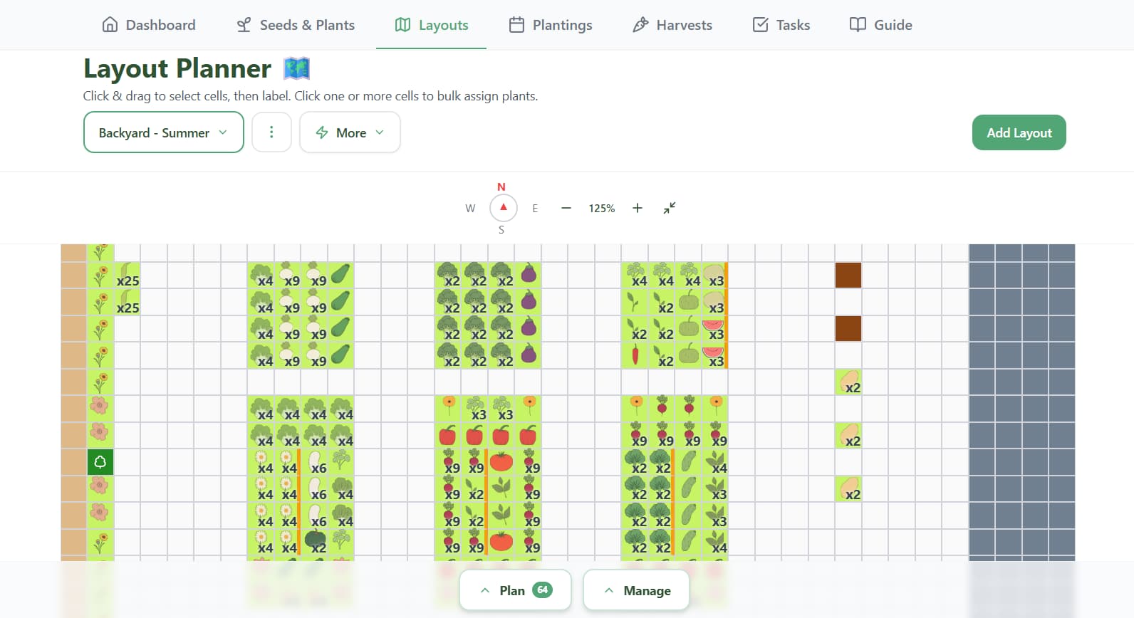 Full garden layout showing multiple beds, structures, and compass