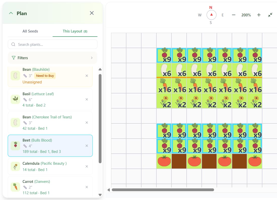 Planning Panel showing This Layout tab with assigned and unassigned plants