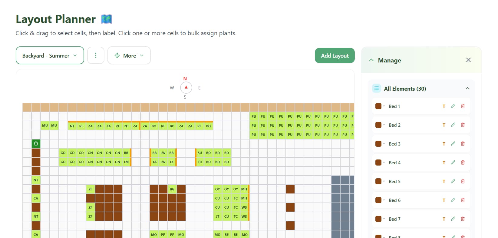 Layout with multiple beds, a tree, and trellises marked on two beds